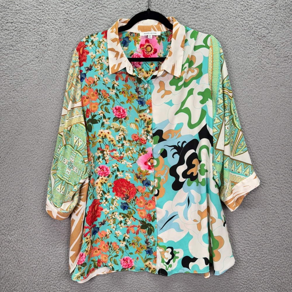 Rose+Olive Top Womens 2X Floral Paisley Mixed Print Artsy Boho Office Button